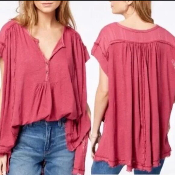 FREE PEOPLE Aster Henley Top in Berry - Picture 1 of 8